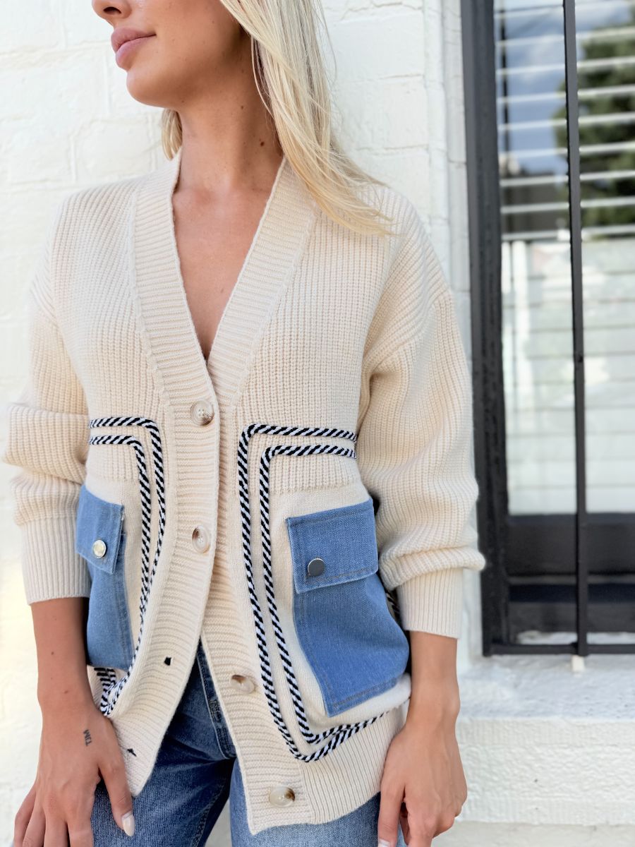 Oversized Denim Detail Cardi- Ocean Cream