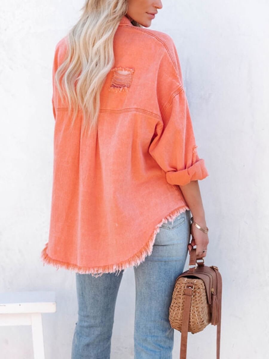 Frayed Denim Shacket - Orange