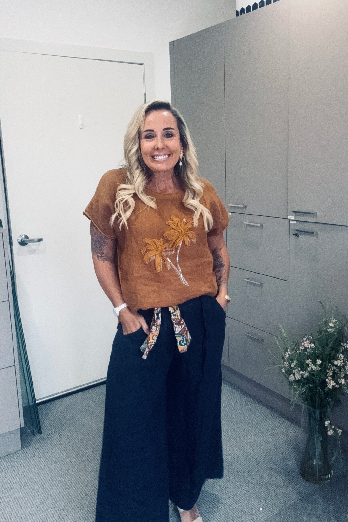 Linen Palm Tree Top- Tan