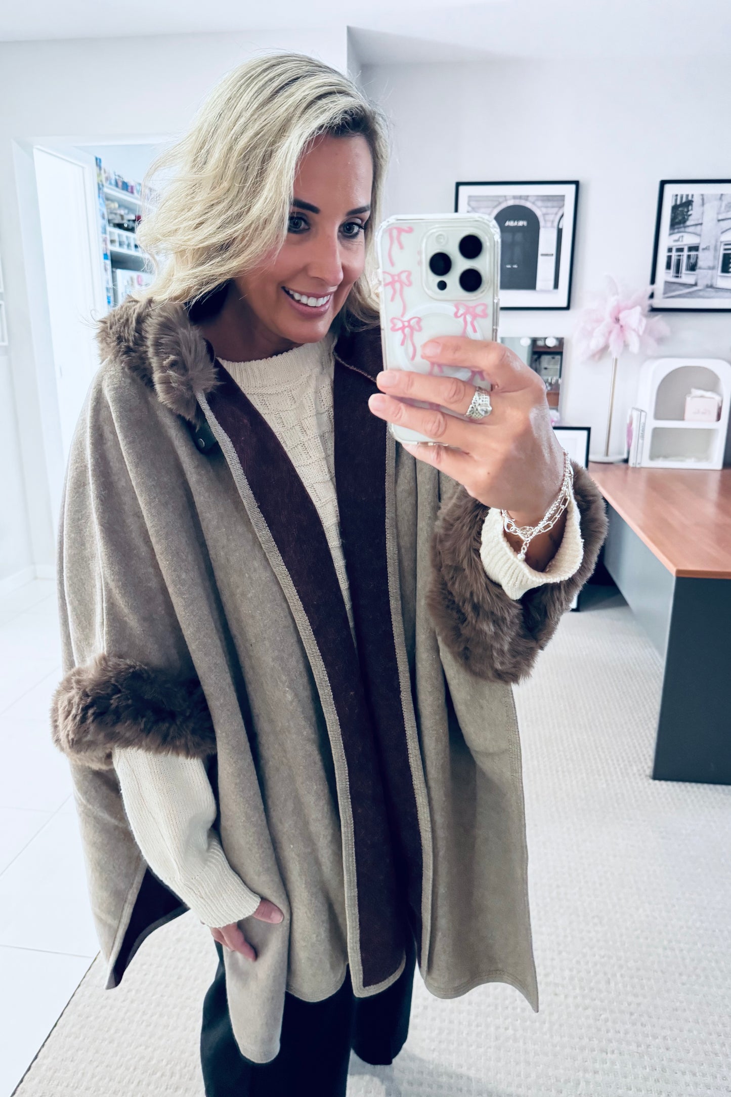 Hooded Poncho- Mocha/Burgandy