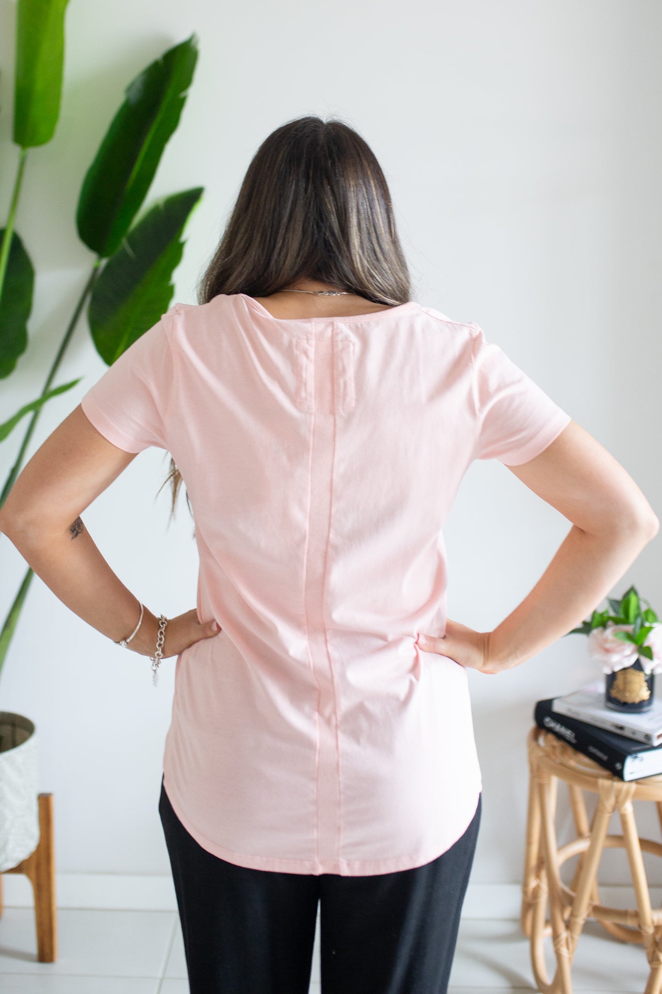 Rib Vee Neck Tee- Impatient Pink