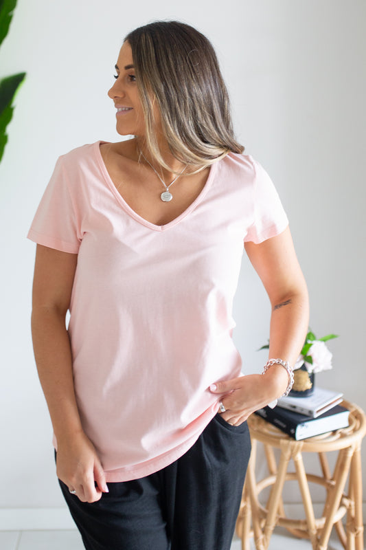 Rib Vee Neck Tee- Impatient Pink