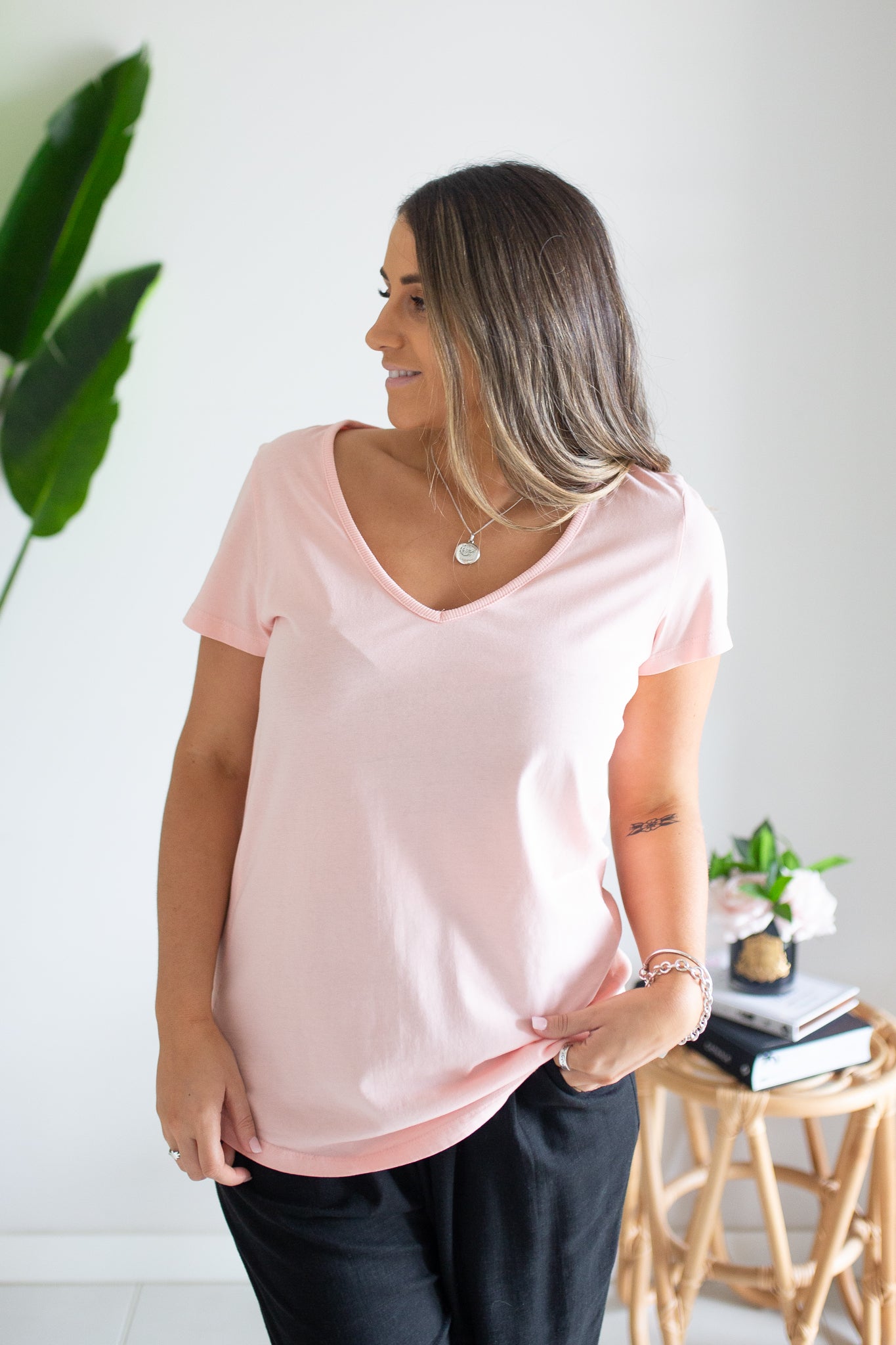 Rib Vee Neck Tee- Impatient Pink