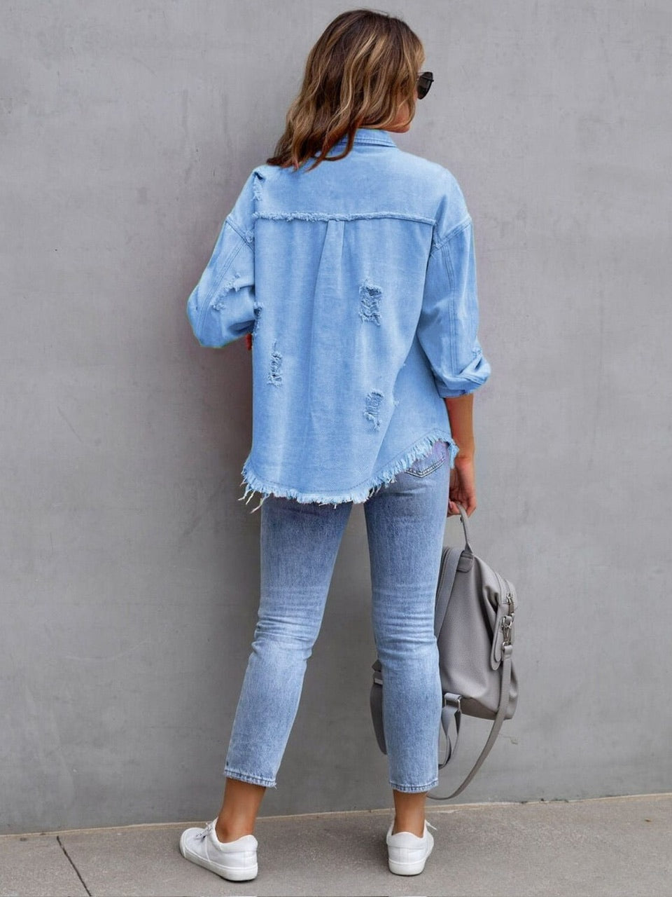 Frayed Denim Shacket - Light Blue