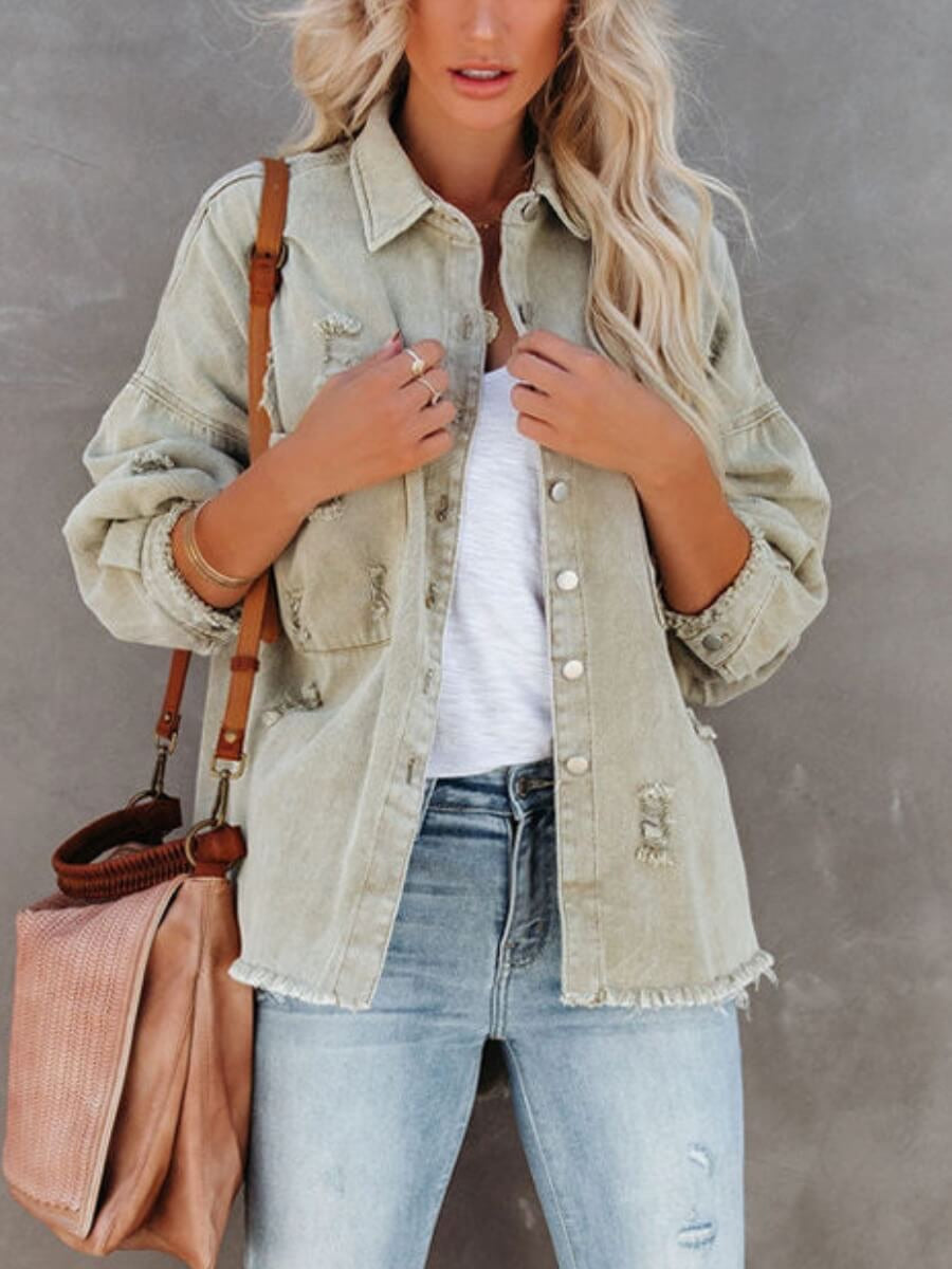 Frayed Denim Shacket - Khaki