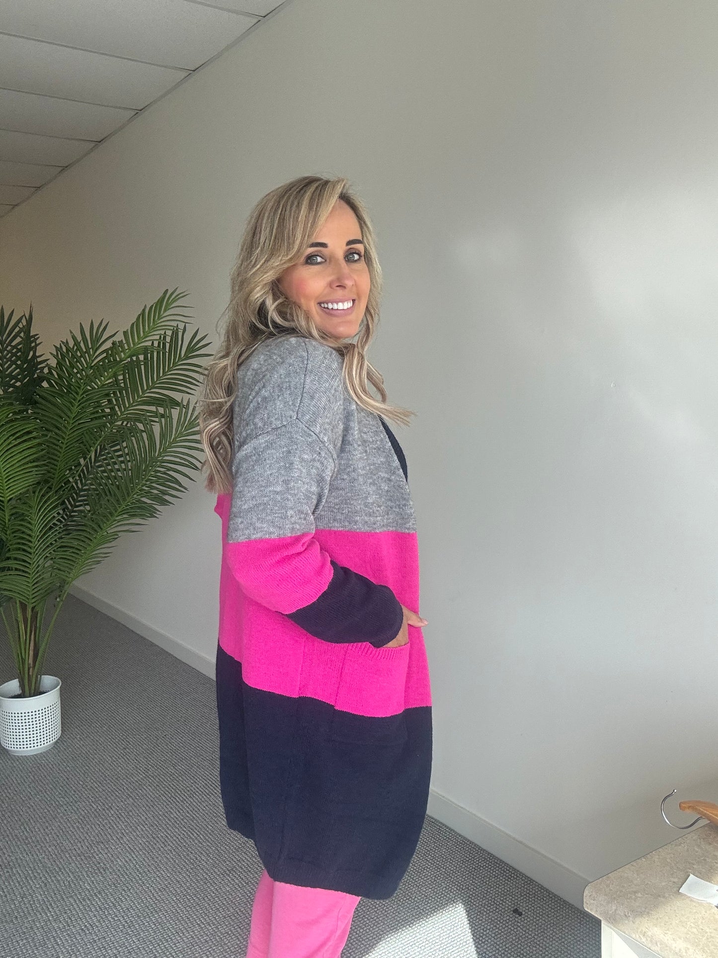 Colour Block Cardi- Navy/Pink/Grey