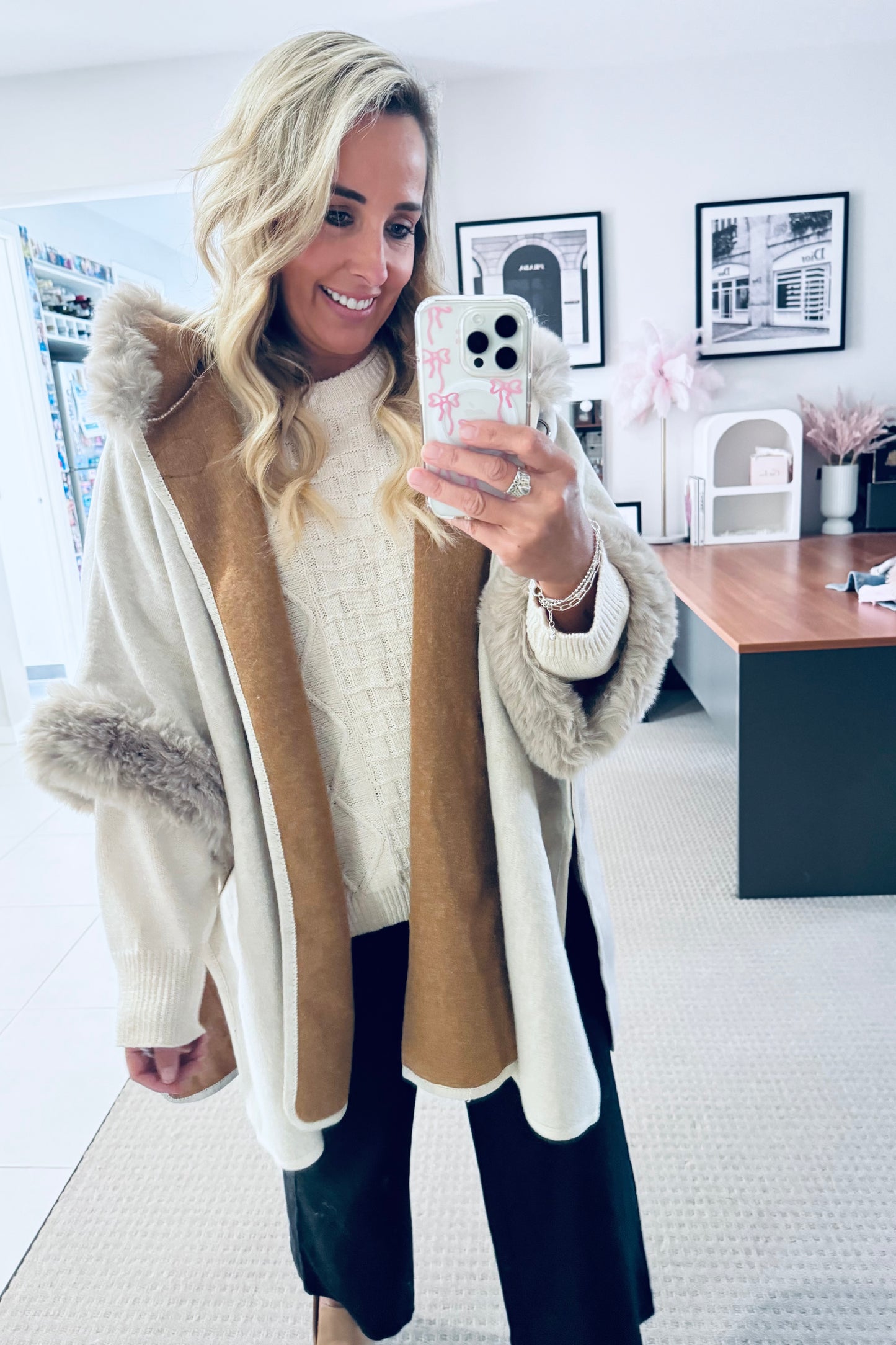 Hooded Poncho- Cream/Tan
