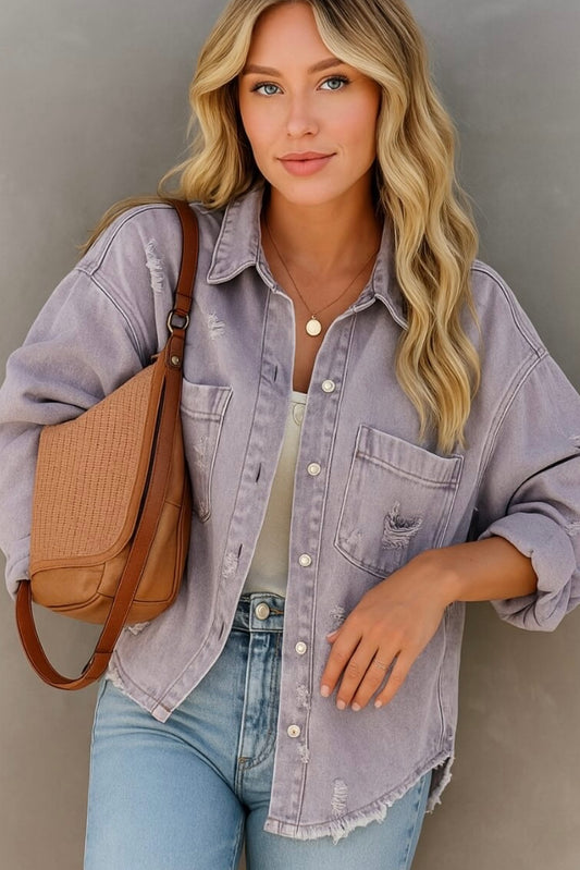 Frayed Denim Shacket - Washed Lilac