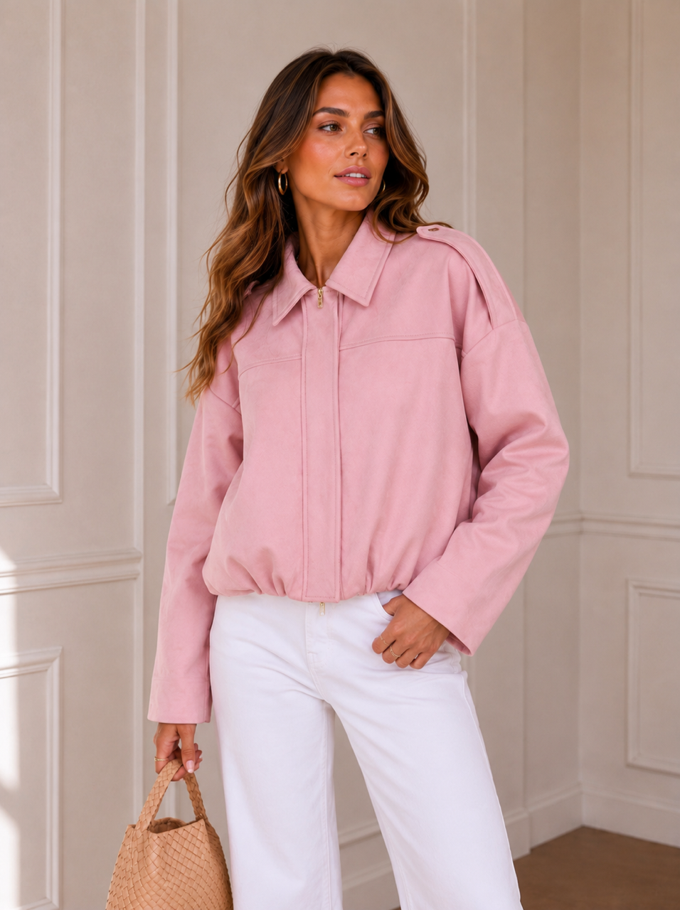 Suede Gather Hem Bomber Jacket - Pink