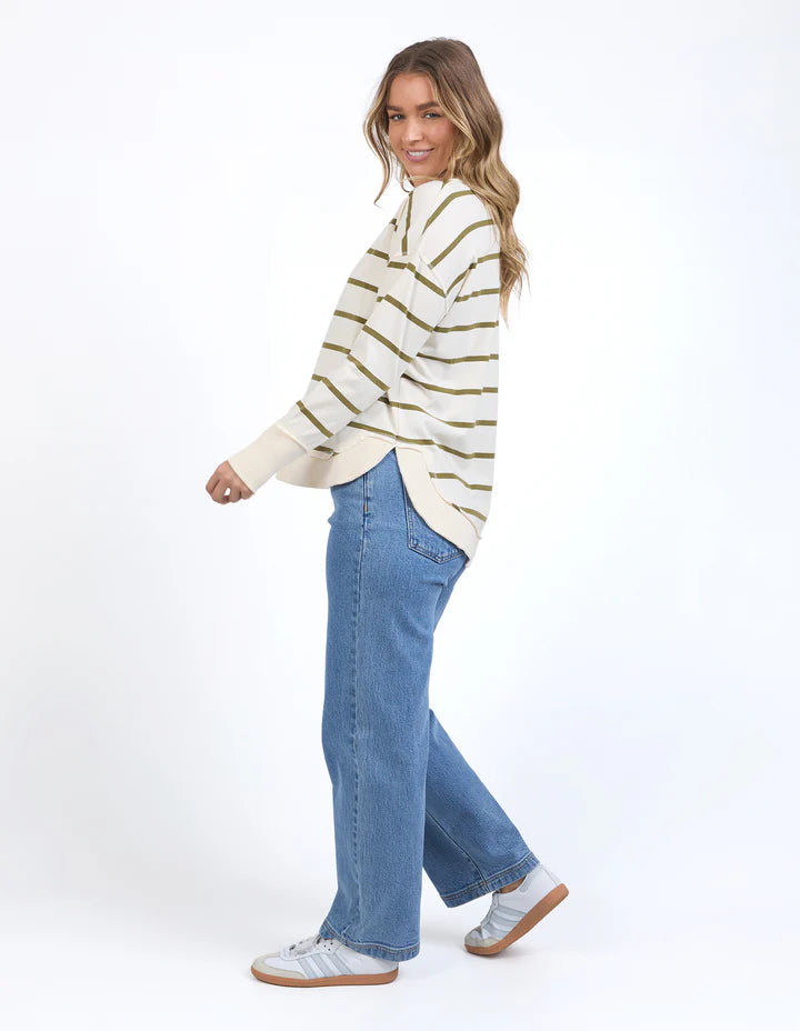 Farrah Long Sleeve Top - White/Olive Stripe
