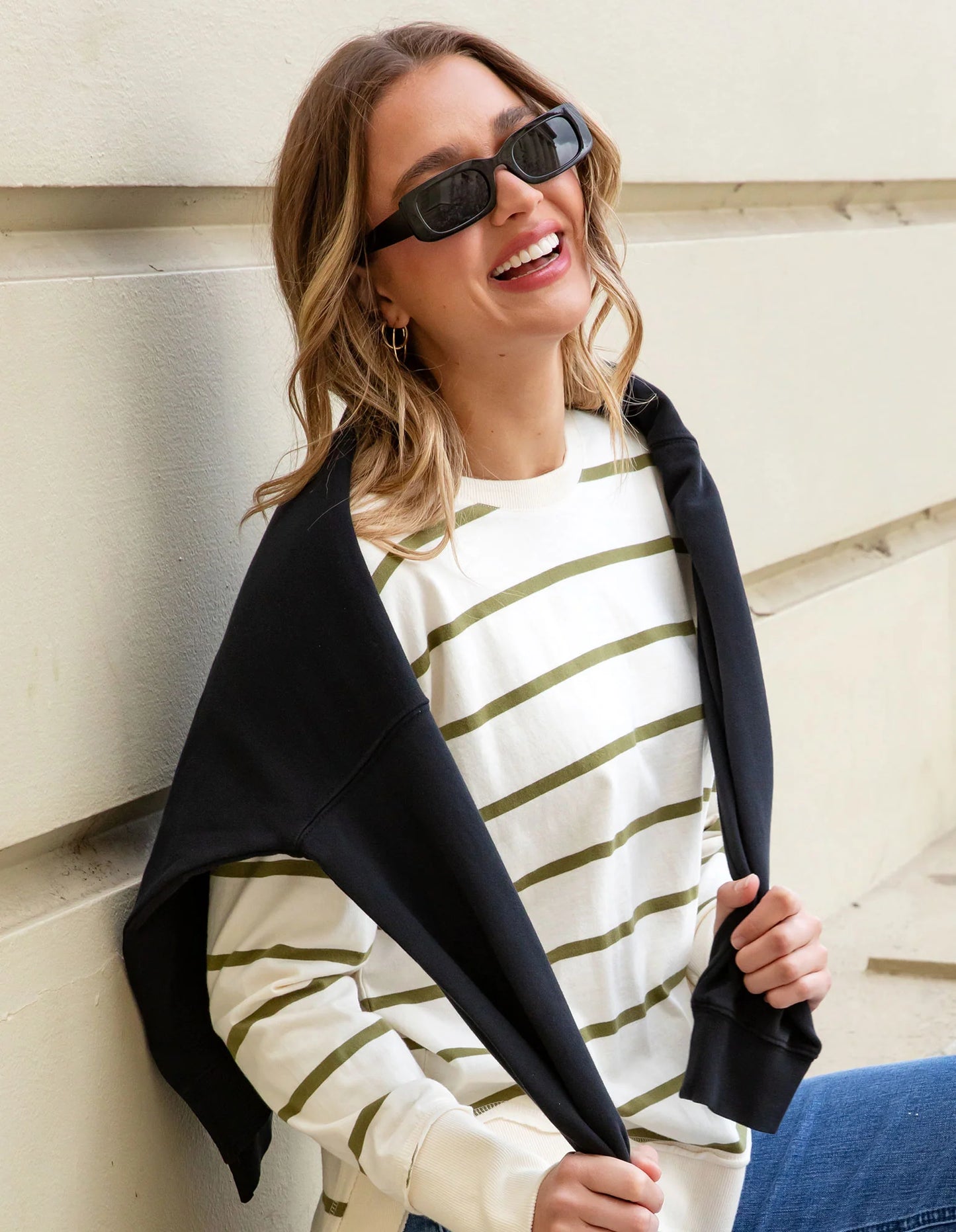 Farrah Long Sleeve Top - White/Olive Stripe