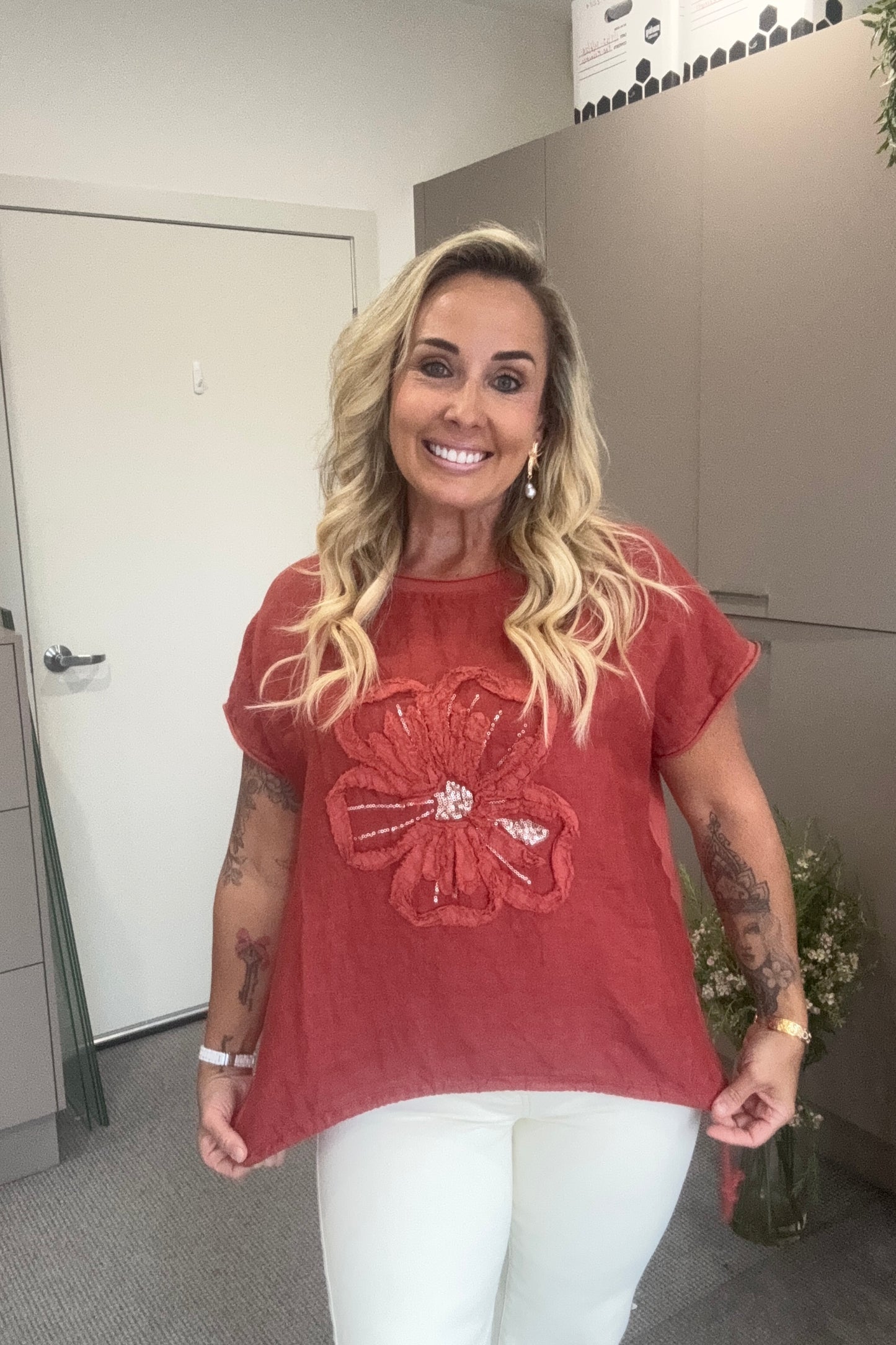 Linen Flower top- Rust