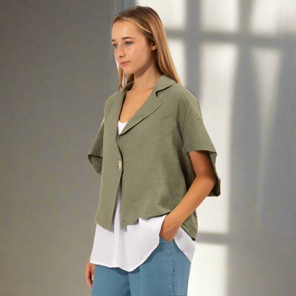Linen One Button Jacket - Khaki