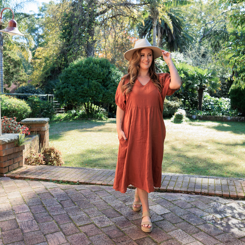 Italian Linen Lucy Dress- Rust