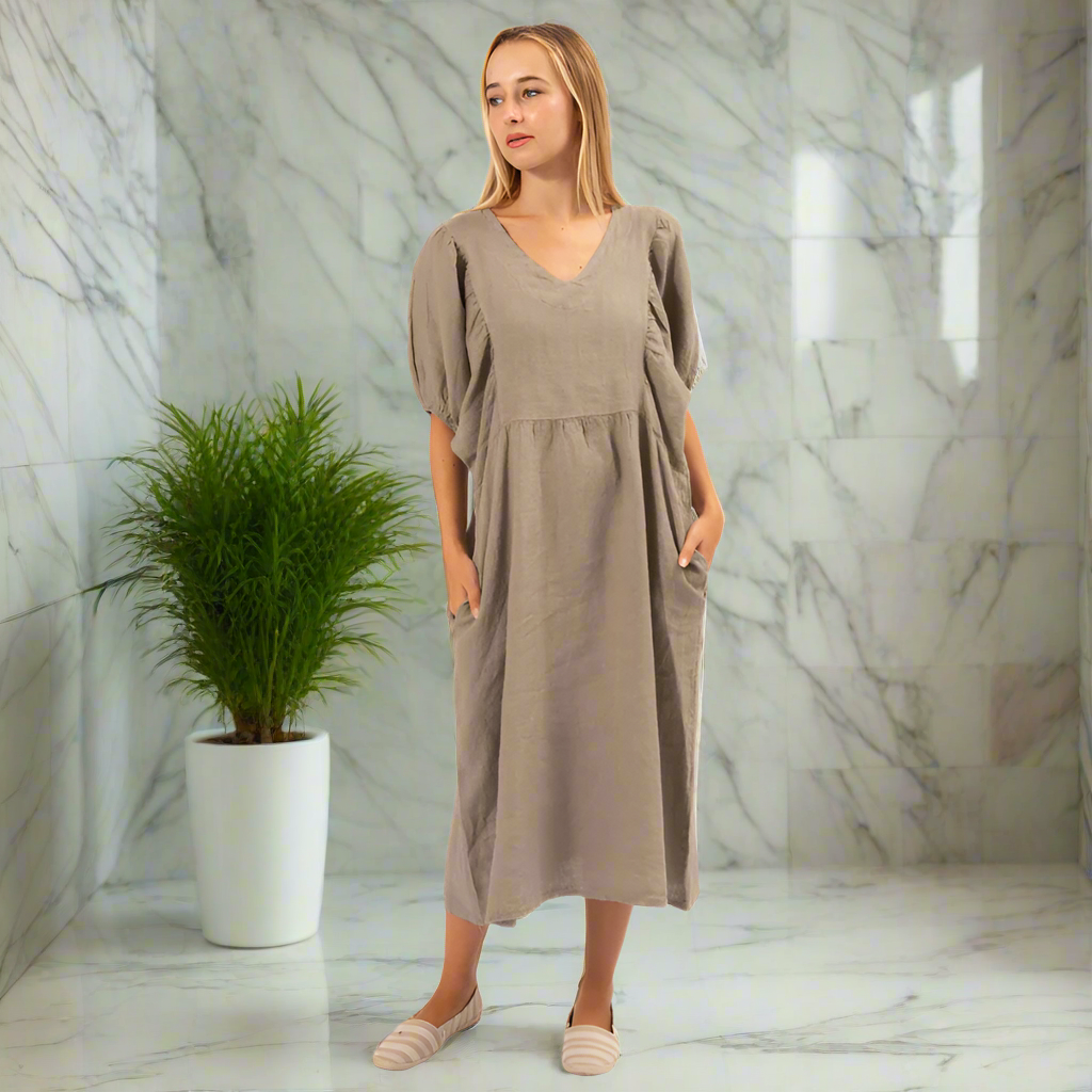 Italian Linen Lucy Dress- Khaki