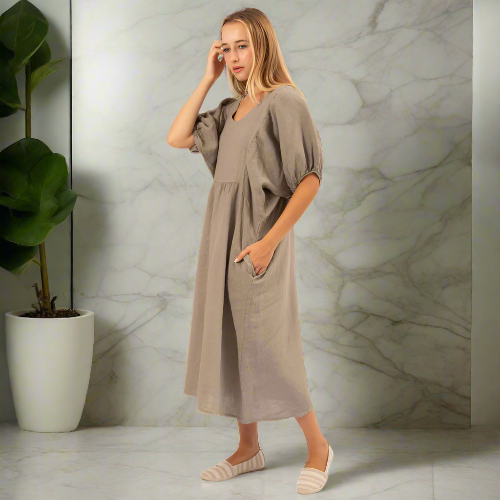 Italian Linen Lucy Dress- Khaki