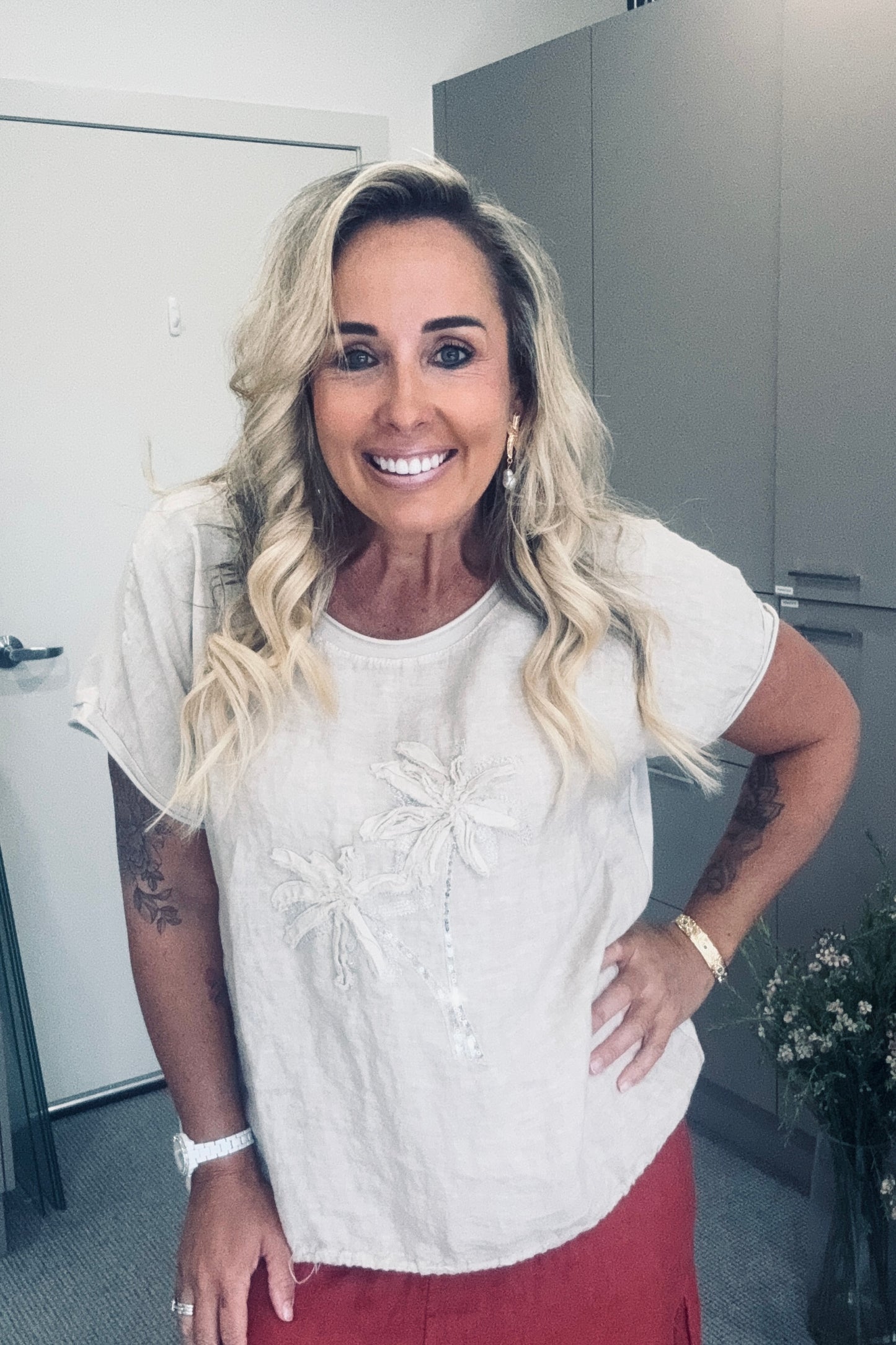 Linen Palm Tree Top- Taupe