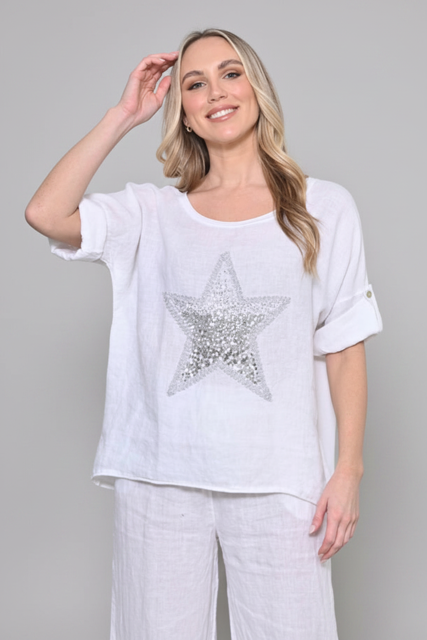 Italian Cuff Star Top- White