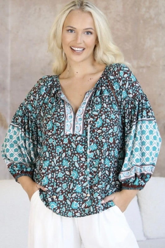 Lola Paisley Shirt - Aqua/Brown