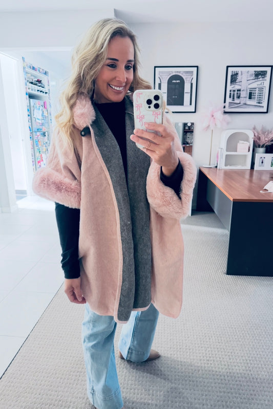 Hooded Poncho- Pink/Charcoal