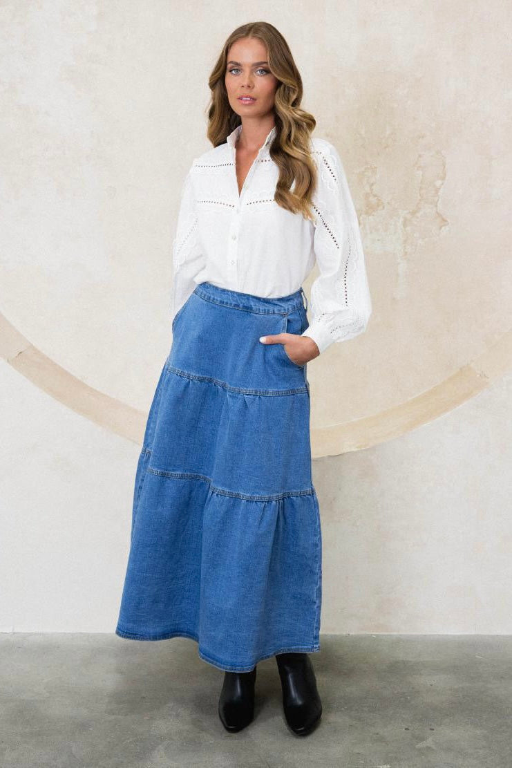 Layered Denim Maxi Skirt