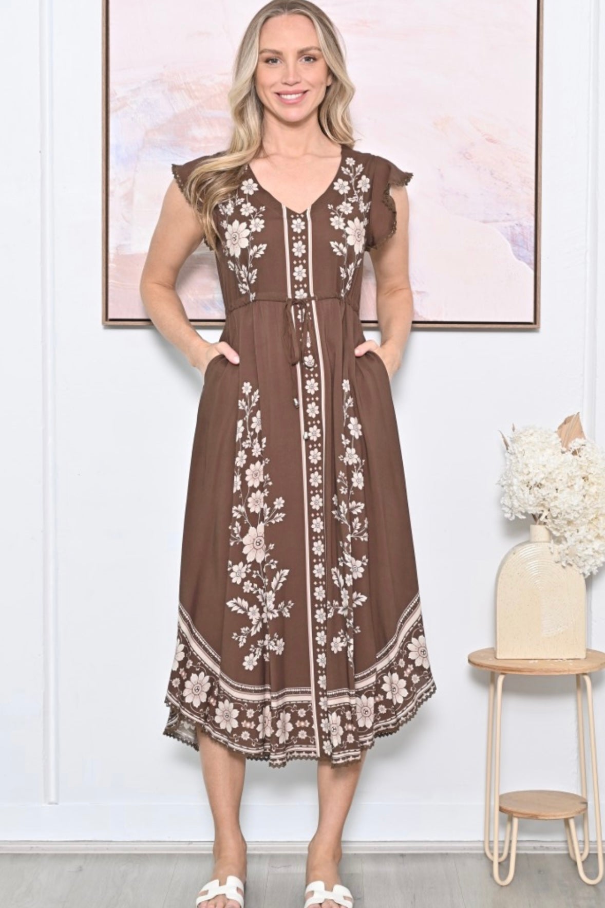 Flower Dress- Khaki/Choc