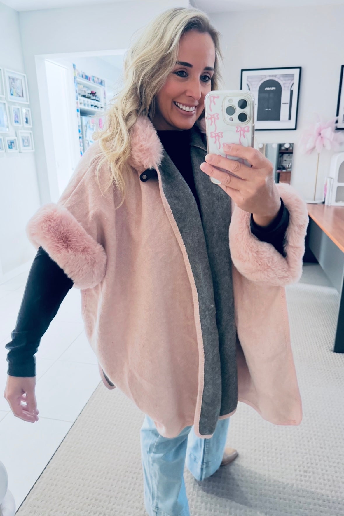 Hooded Poncho- Pink/Charcoal