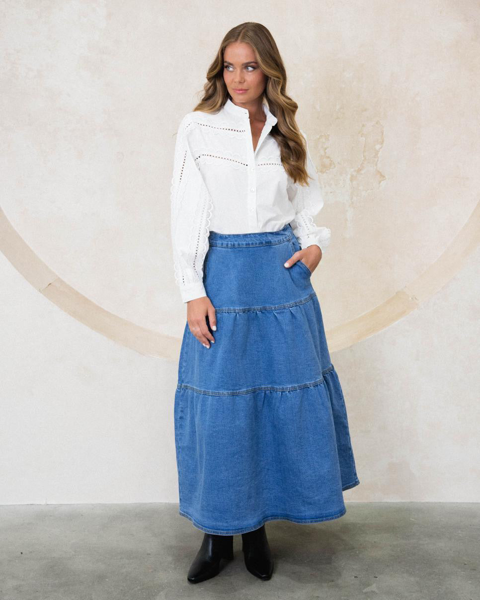 Layered Denim Maxi Skirt