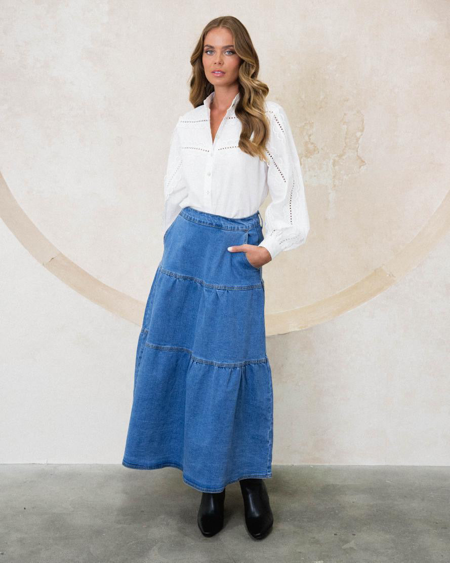 Layered Denim Maxi Skirt