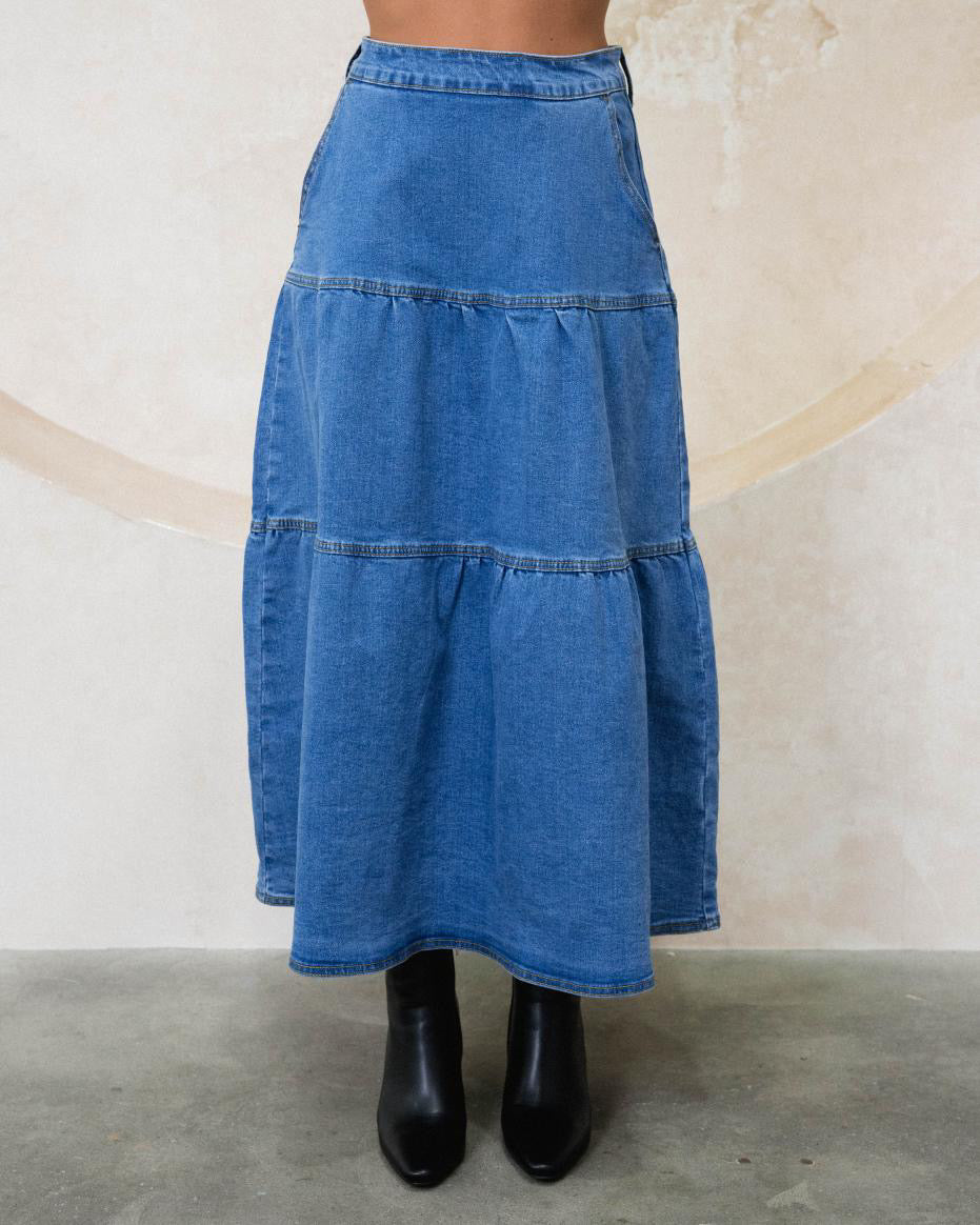 Layered Denim Maxi Skirt