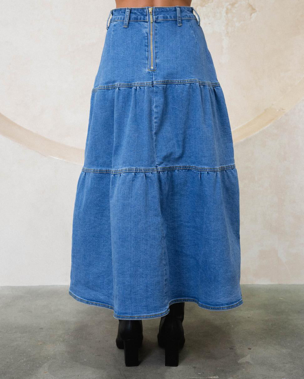 Layered Denim Maxi Skirt