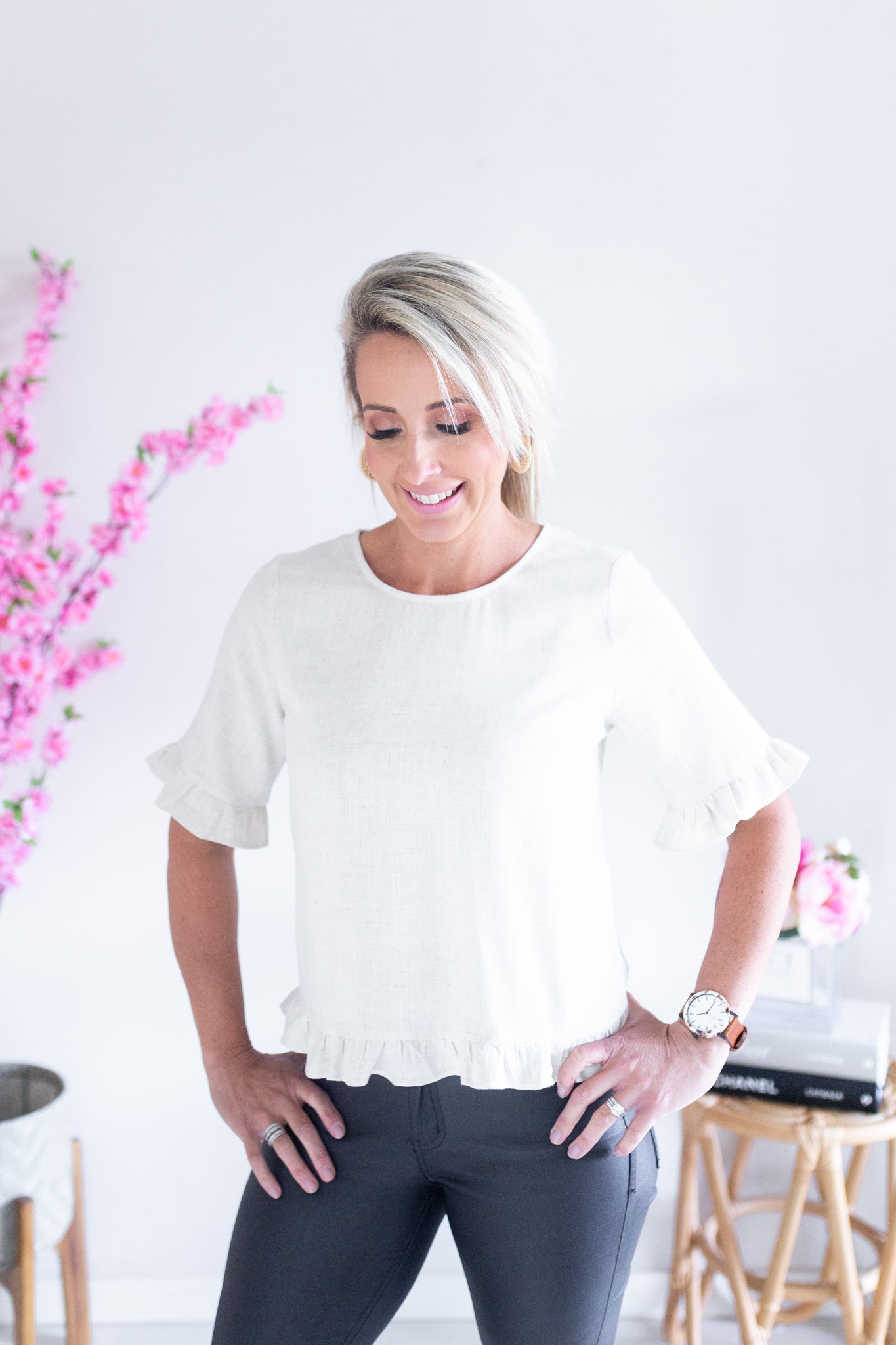 Short Linen Frill Top- White