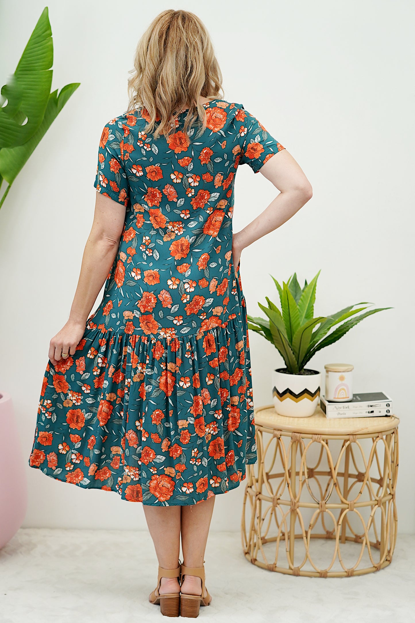 Drape Vee Dress- Teal/Orange Flower