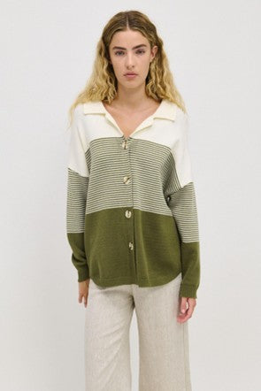 Cosy Stripe Cardigan- Cream/Khaki