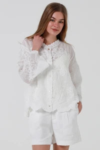 Crochet Rose Flower Lace Shrt- White