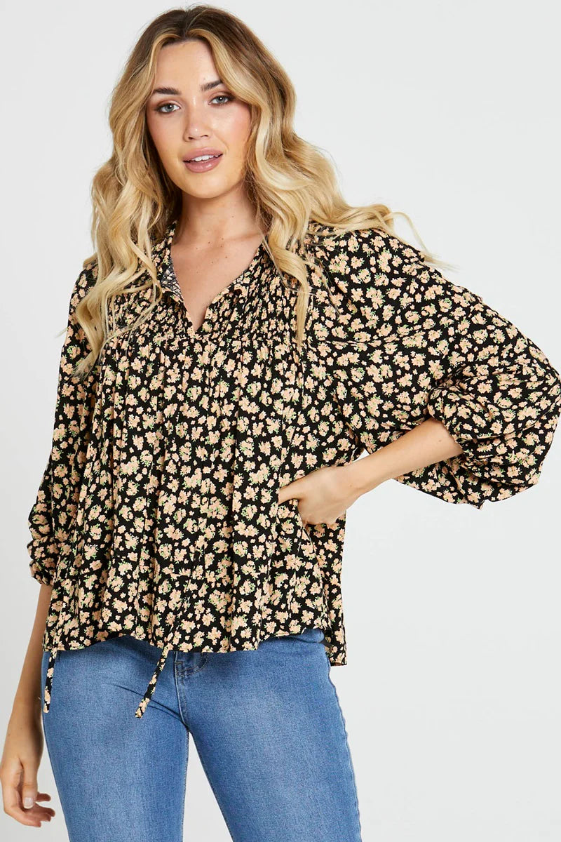 Tegan Shirred Boho Balloon Sleeve Top- Black Floral Ditsy