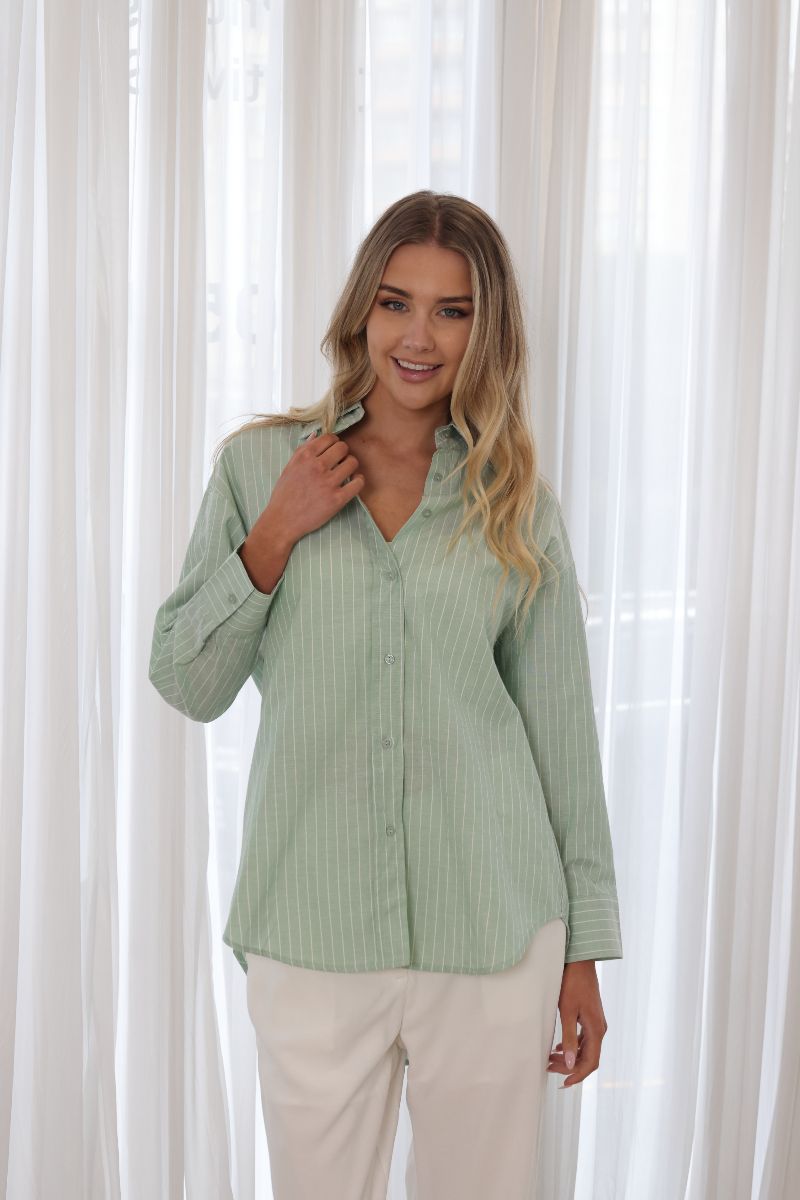 Oxford Stripe Shirt- Sage