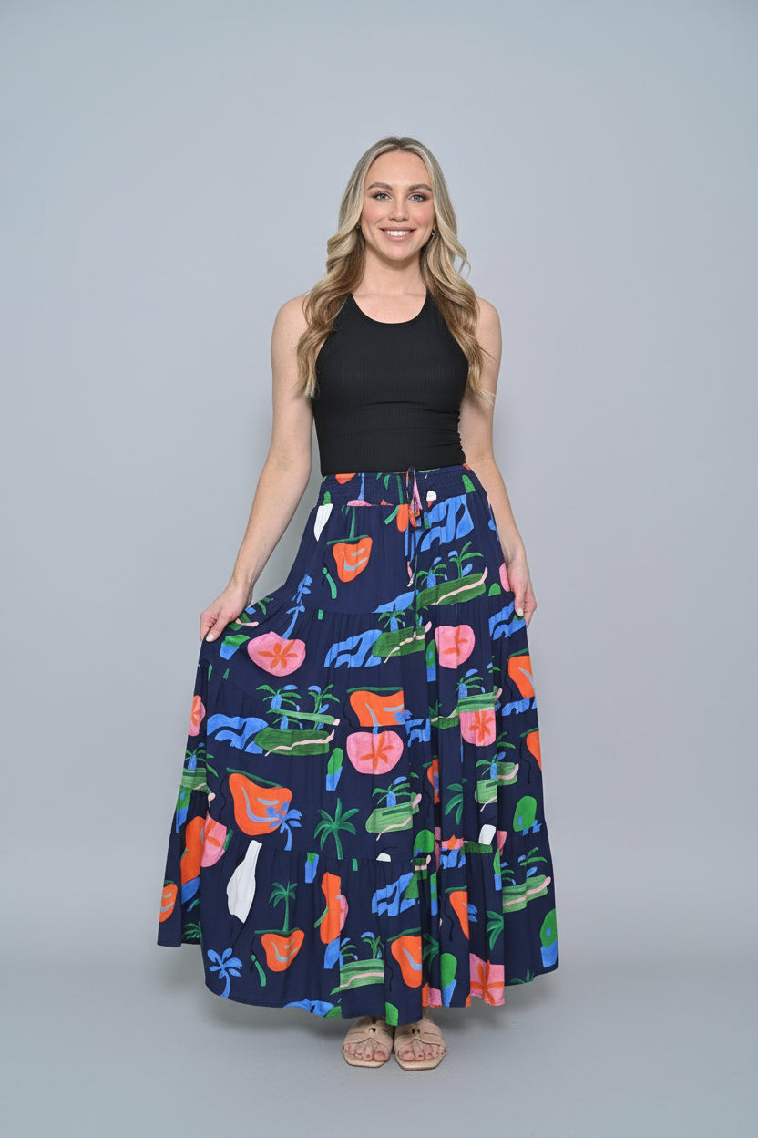 Woman wearing a colorful patterned skirt