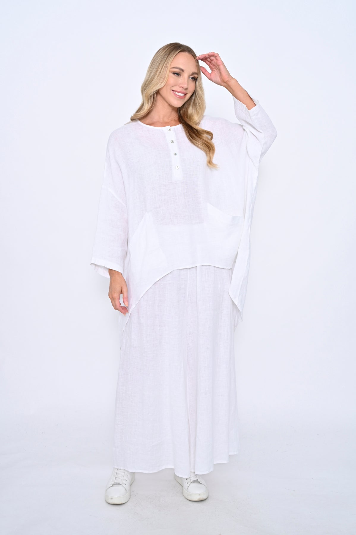 Oversized Hi-Low Linen Tunic Shirt- White