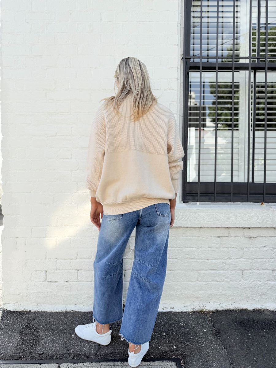 Oversized Denim Detail Cardi- Ocean Cream