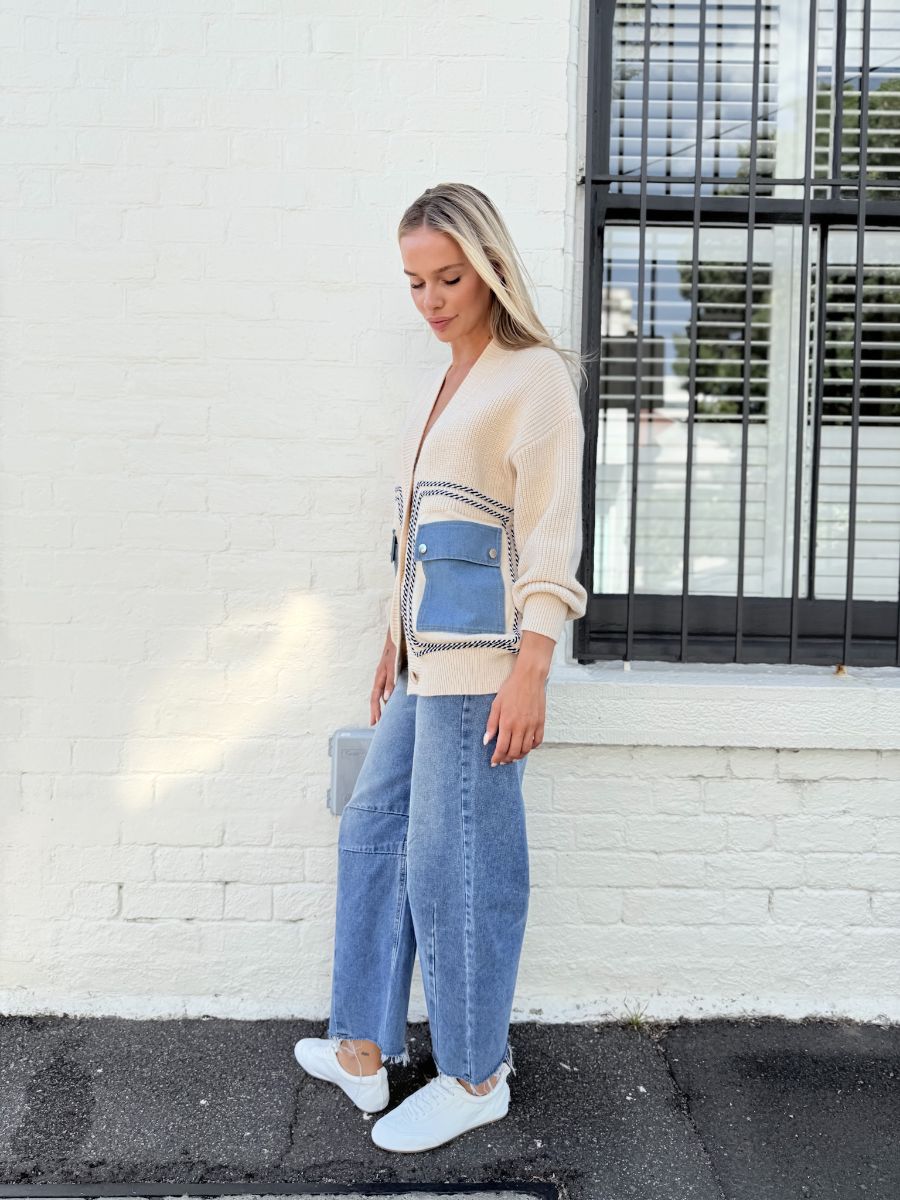 Oversized Denim Detail Cardi- Ocean Cream