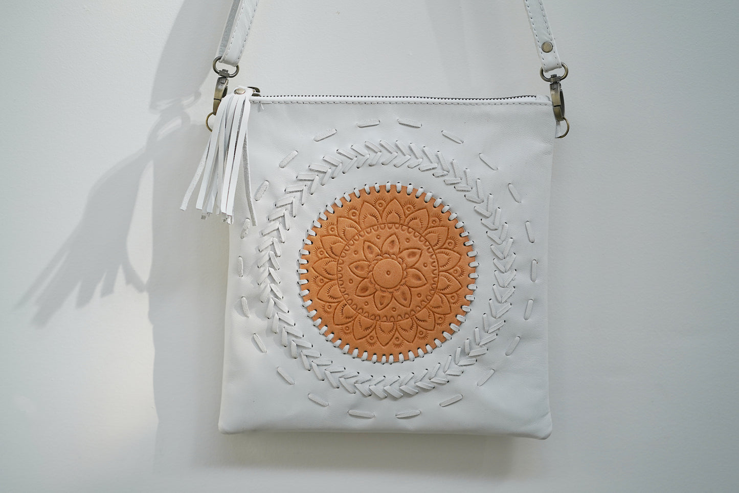 Leather Sling Bag- White/Tan