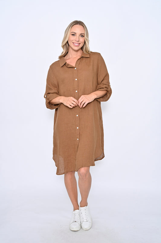 Linen Shirt Dress- Chocolate