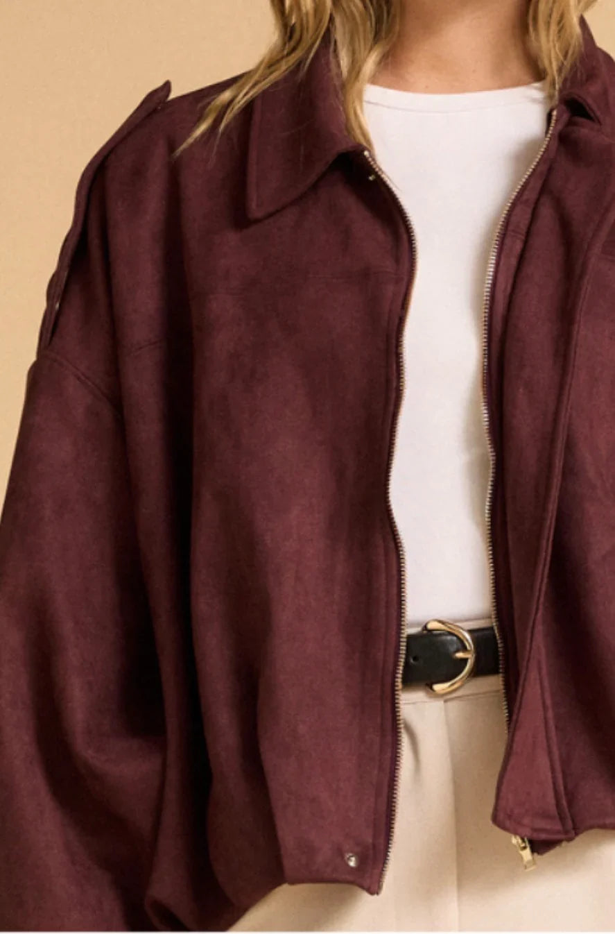 Suede Gather Hem Bomber Jacket - Plum