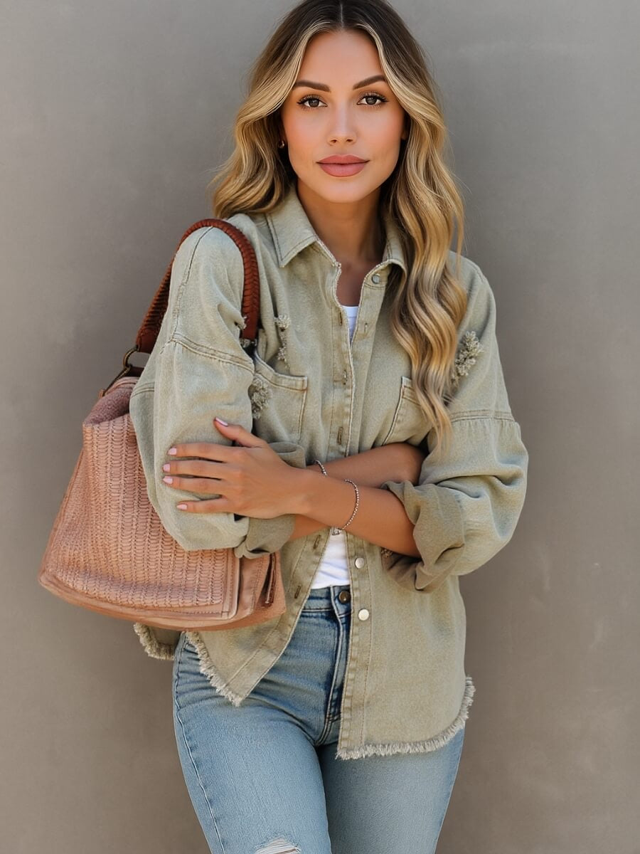 Frayed Denim Shacket - Khaki