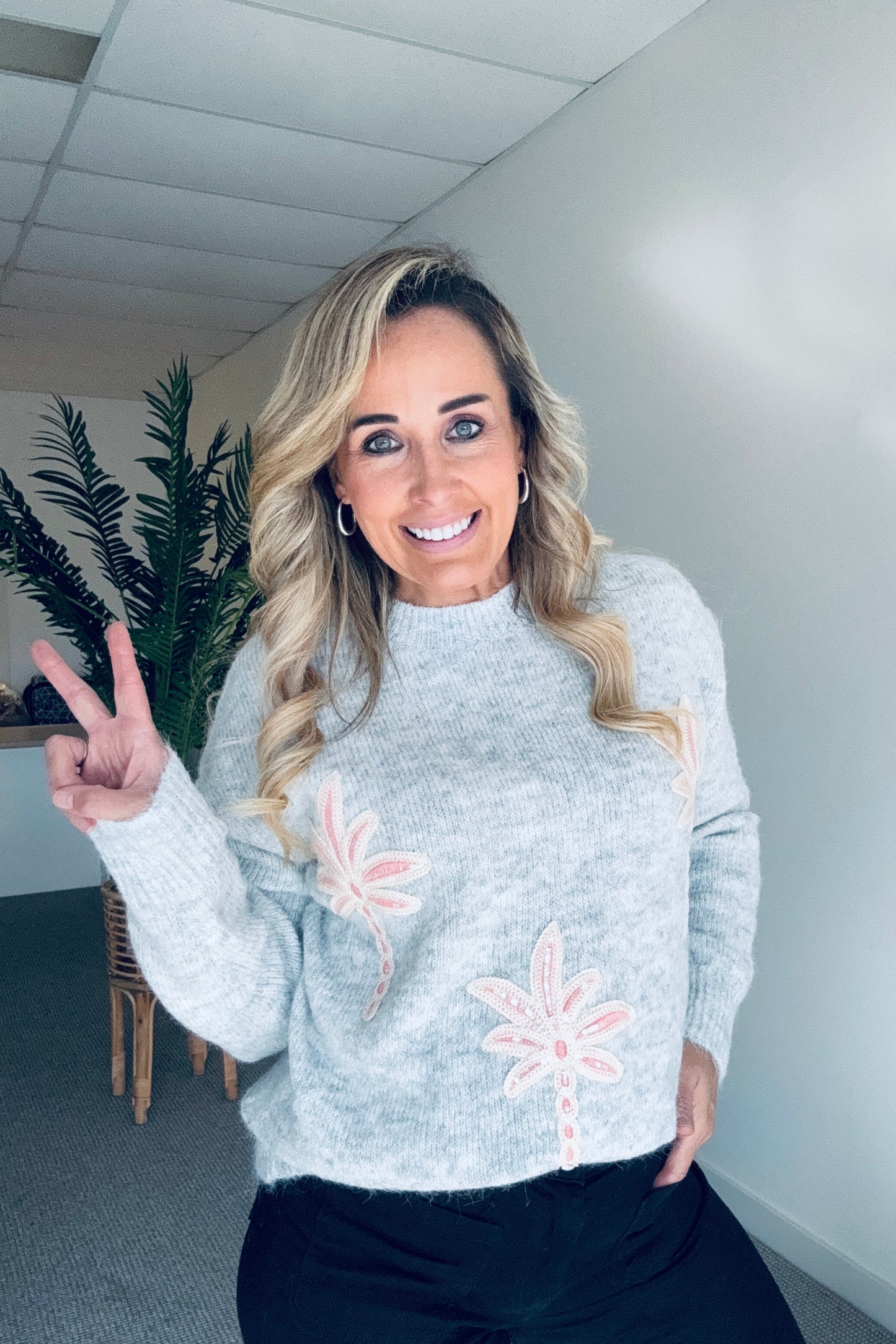 Pink Palm Knit- Grey Marle