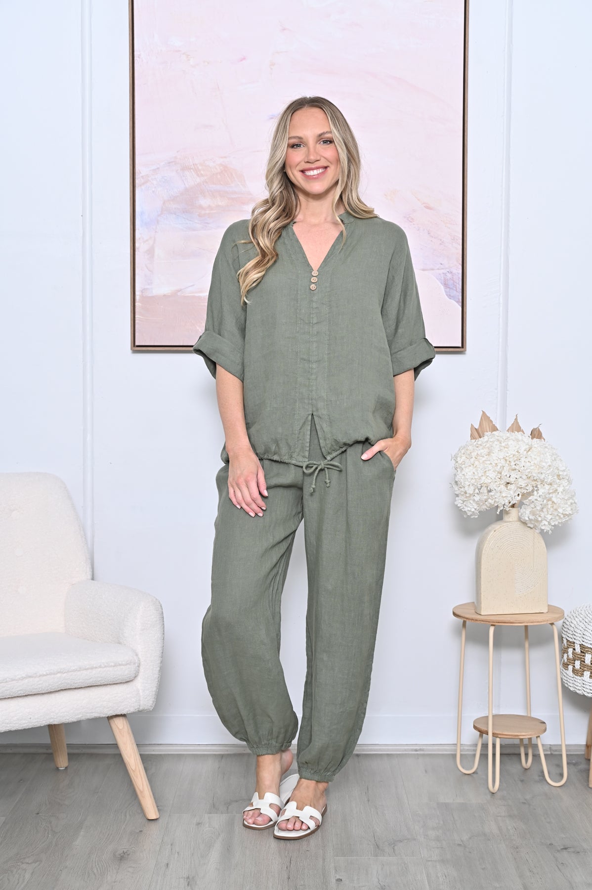 Cuffed Drawstring Shirt - Khaki