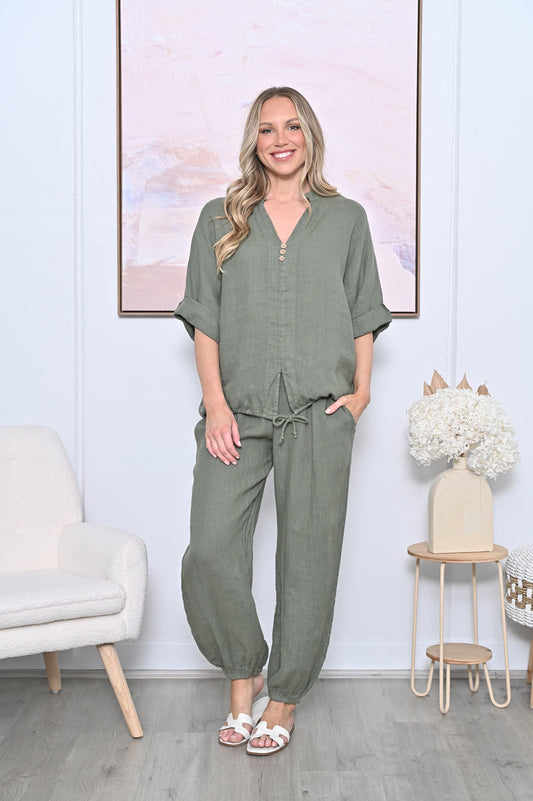 Cuffed Drawstring Shirt - Khaki