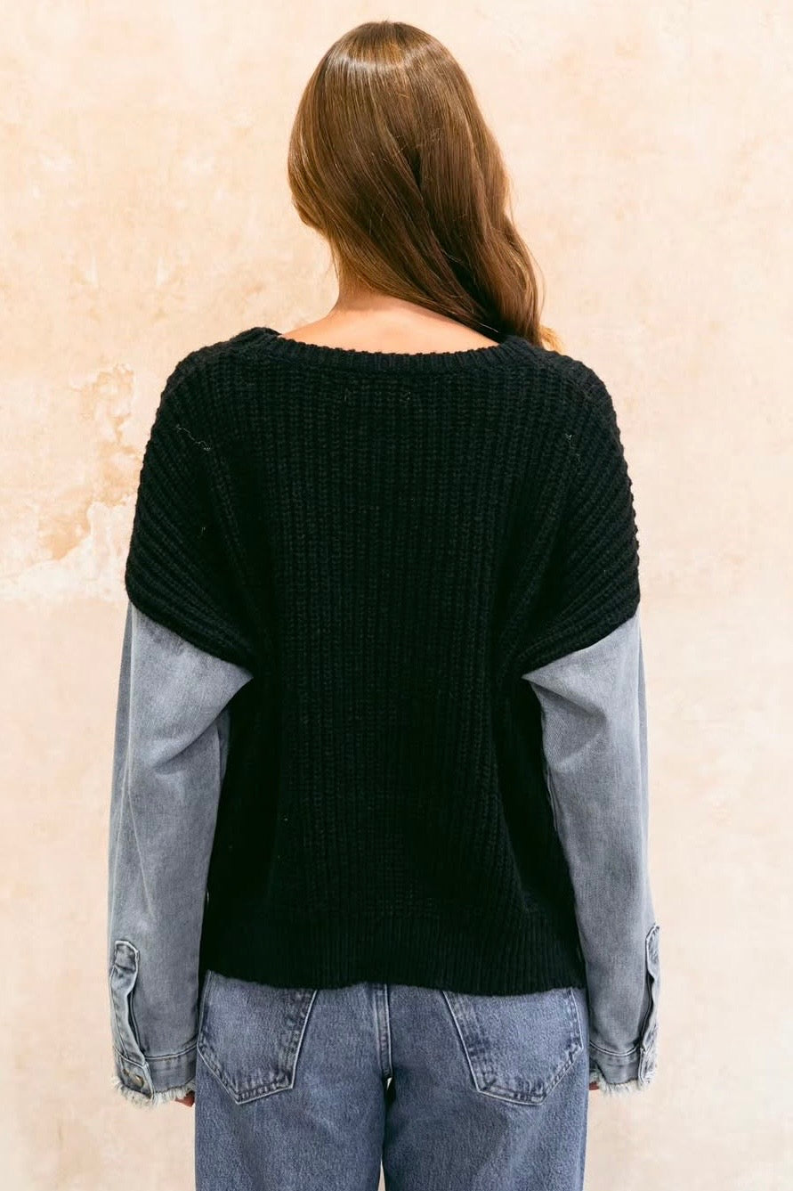 Denim Sleeve Knit - Black