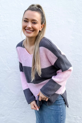 Stripe Oversized Knit Jumper- Pink/Charcoal